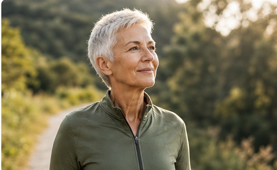 A woman walking a sunlit trail with quiet confidence
