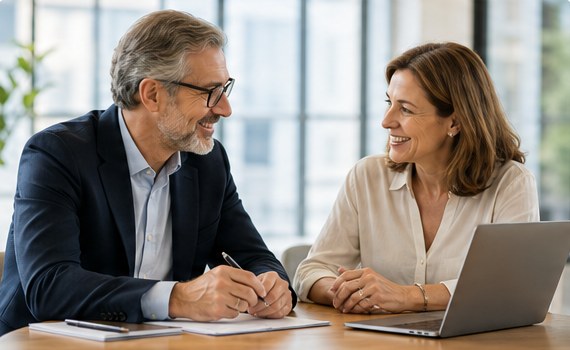 Two advisors reviewing a plan together at a laptop